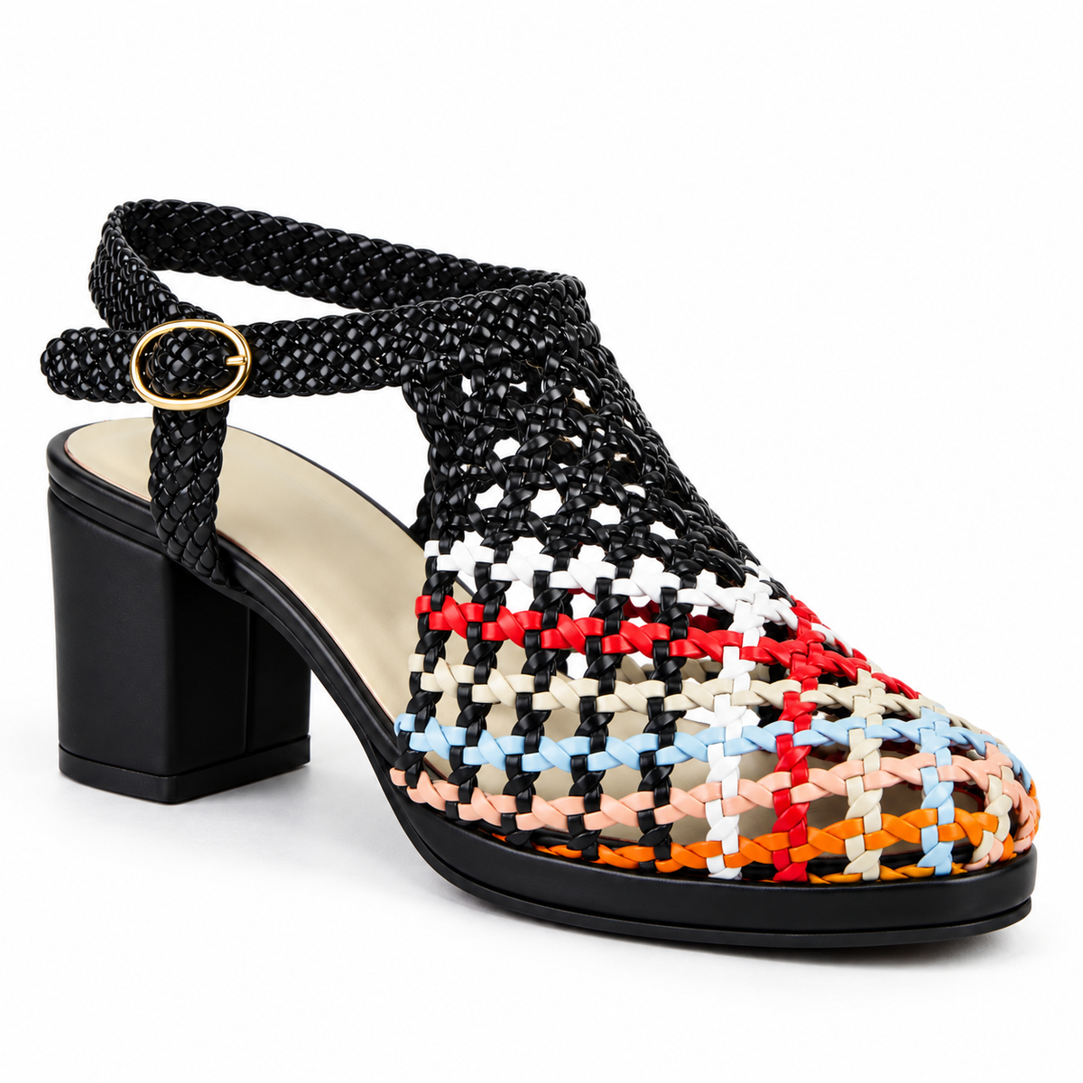 Vesba 5cm — Black with multicolored woven front woven shoe with a block heel, front angled view — Scarpe Handmade