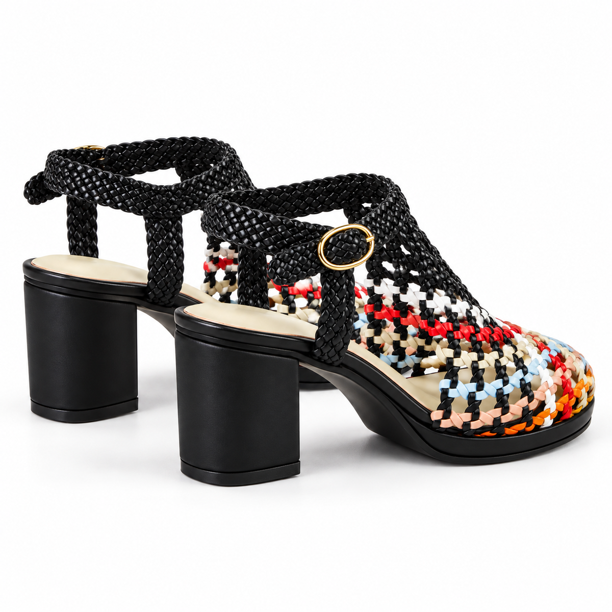 Vesba 5cm — Black with multicolored woven front woven shoe with a block heel, pair, rear angled view — Scarpe Handmade