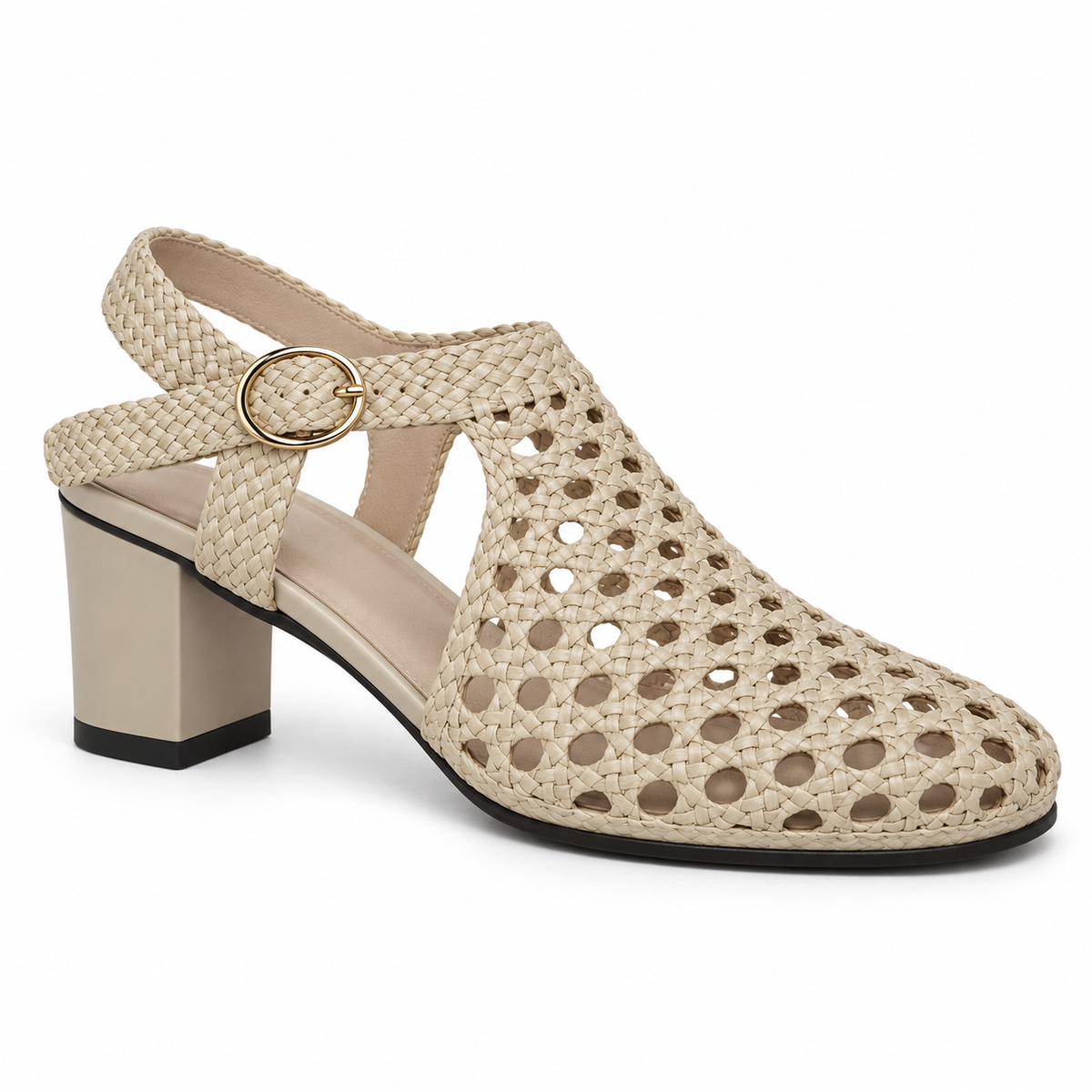 Vesba 5cm — Beige woven shoe with a block heel, front angled view — Scarpe Handmade