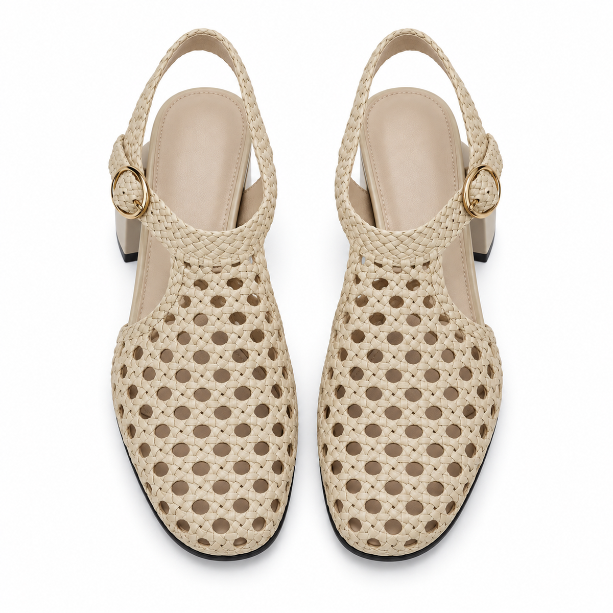 Vesba 5cm — Beige woven shoe with a block heel, pair, top view — Scarpe Handmade