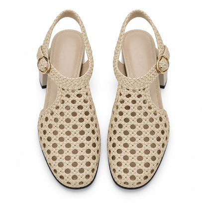 Vesba 5cm — Beige woven shoe with a block heel, pair, top view — Scarpe Handmade
