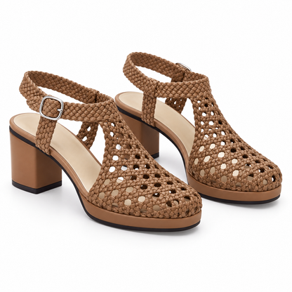 Vesba 5cm — Brown woven shoe with a block heel, pair, angled view — Scarpe Handmade