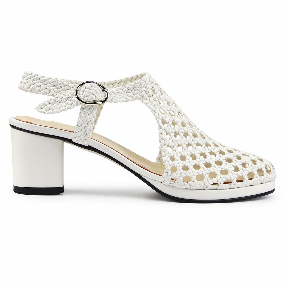 Vesba 5cm — White woven shoe with a block heel, side view — Scarpe Handmade