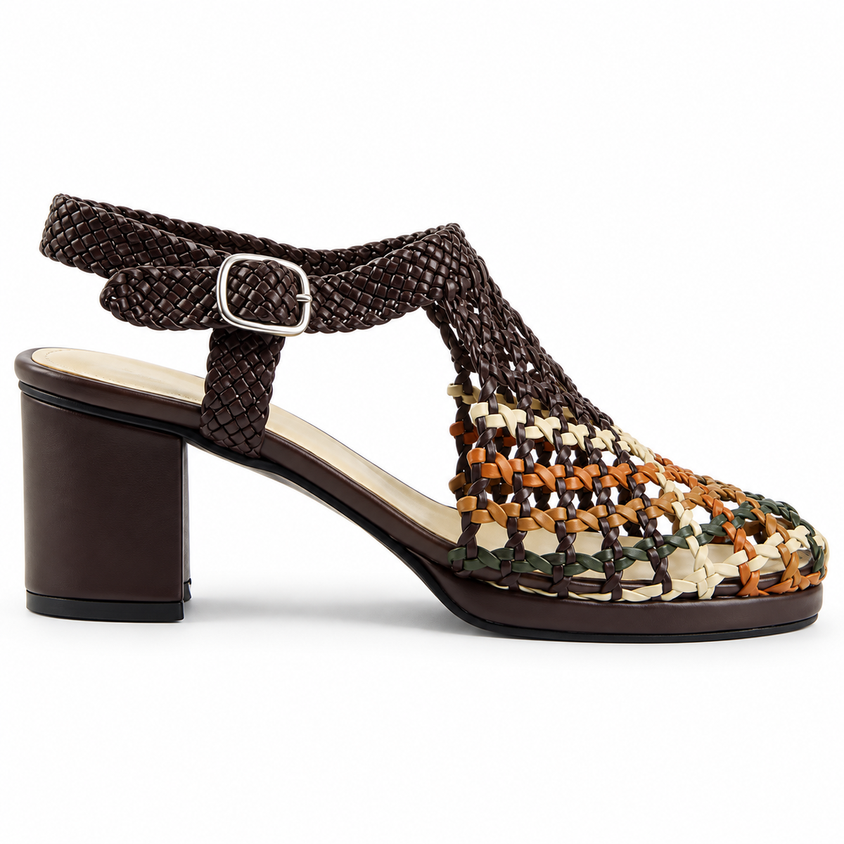 Vesba 5cm — Brown with multicolored woven front woven shoe with a block heel, side view — Scarpe Handmade