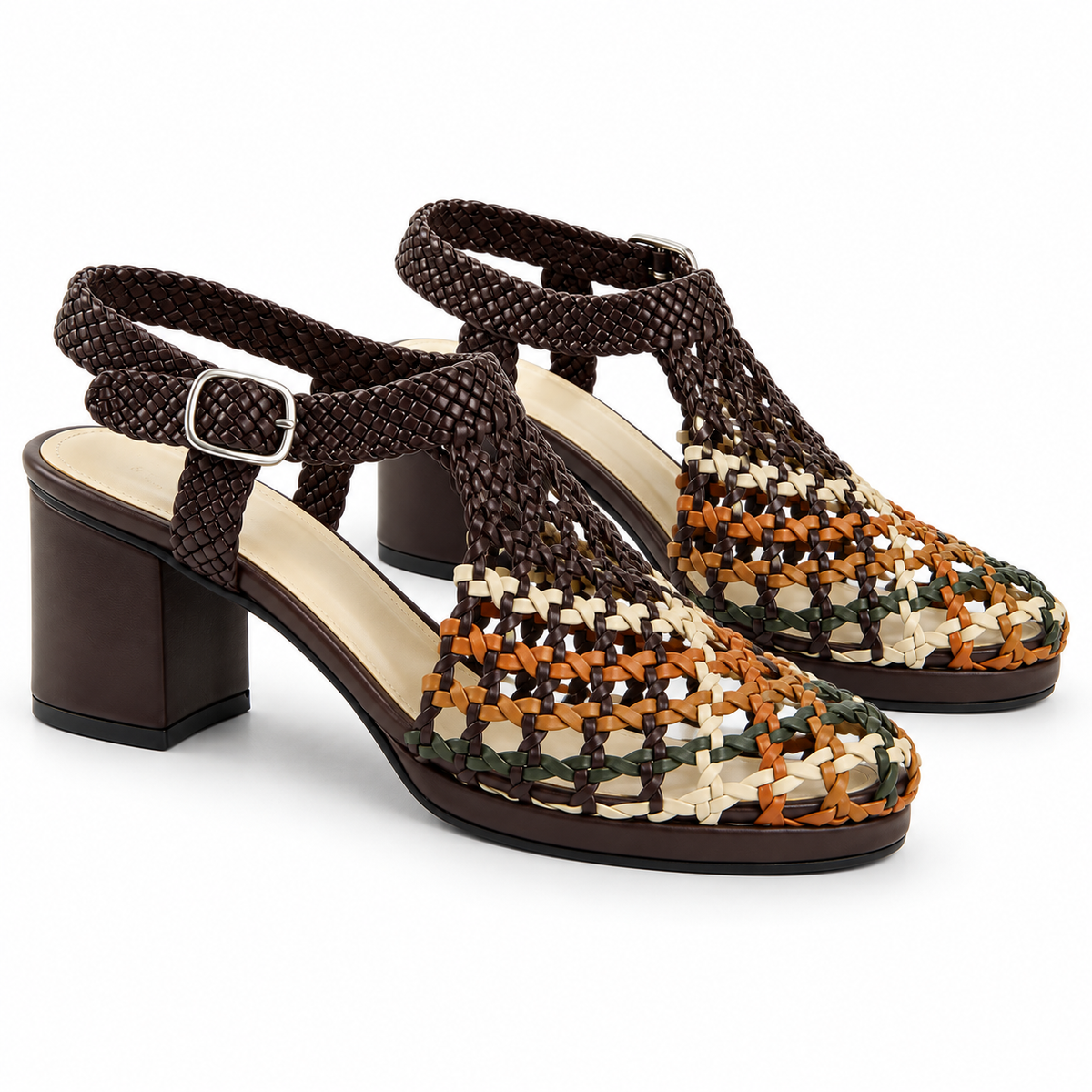 Vesba 5cm — Brown with multicolored woven front woven shoe with a block heel, pair, front angled view — Scarpe Handmade