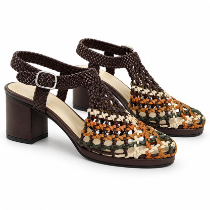 Vesba 5cm — Brown with multicolored woven front woven shoe with a block heel, pair, front angled view — Scarpe Handmade