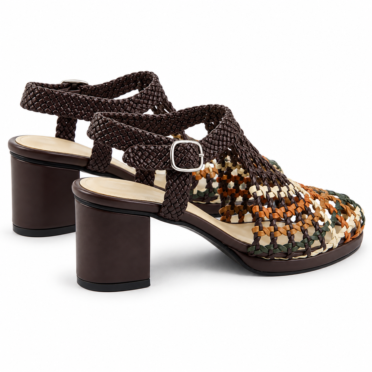 Vesba 5cm — Brown with multicolored woven front woven shoe with a block heel, pair, rear angled view — Scarpe Handmade