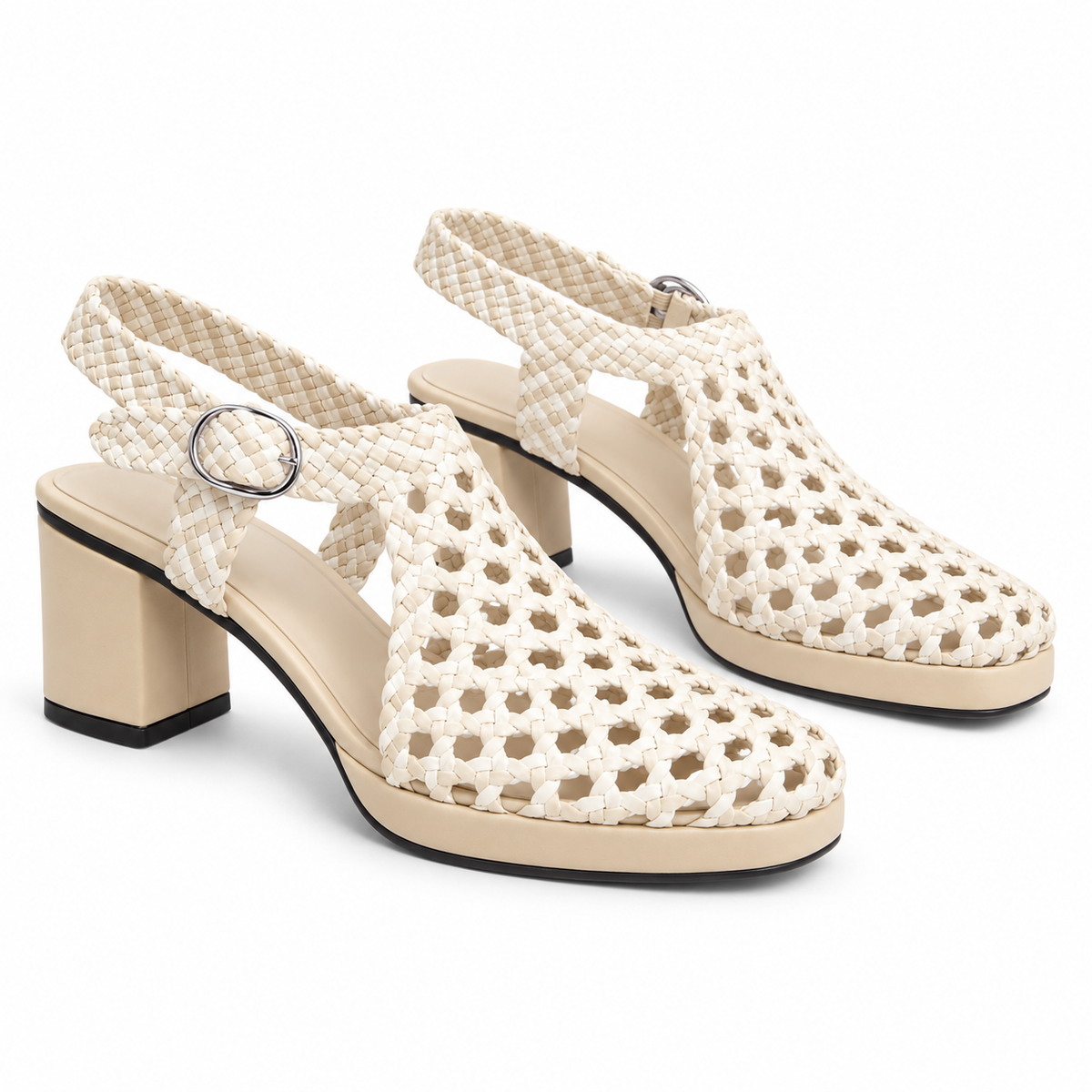 Vesba 5cm — Cream woven shoe with a block heel, pair, angled view — Scarpe Handmade