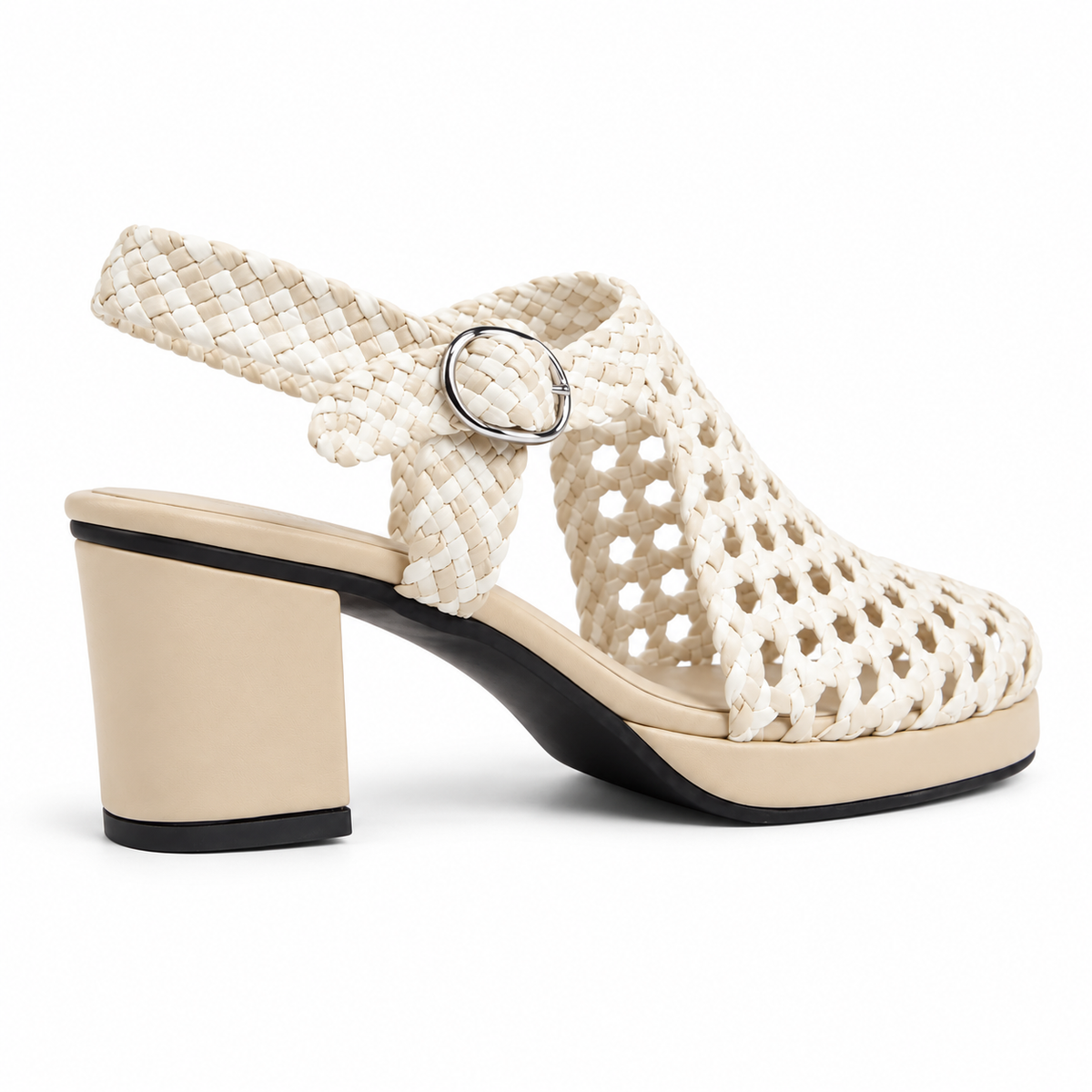 Vesba 5cm — Cream woven shoe with a block heel, rear angled view — Scarpe Handmade