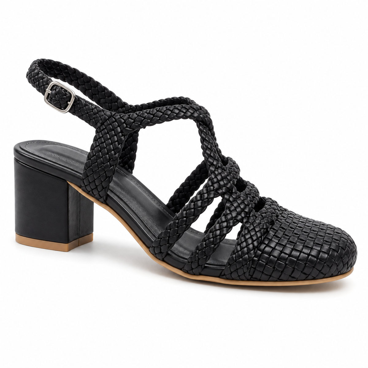 Riviera 5cm — Black woven shoe with a slingback strap and block heel, angled front view — Scarpe Handmade