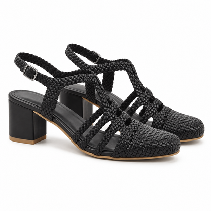 Riviera 5cm — Black woven pair with slingback straps and block heels — Scarpe Handmade