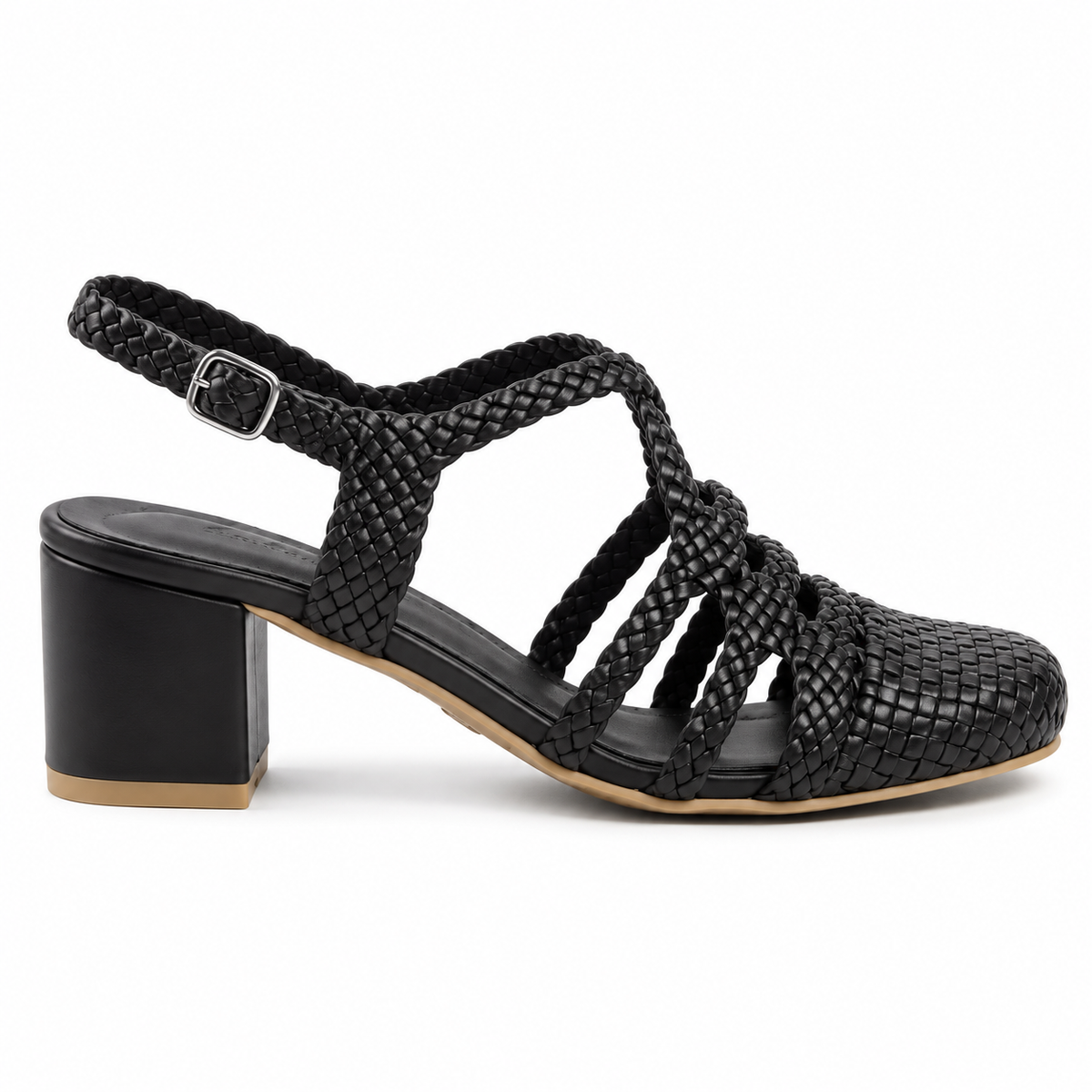 Riviera 5cm — Black woven shoe with a slingback strap and block heel, side view — Scarpe Handmade