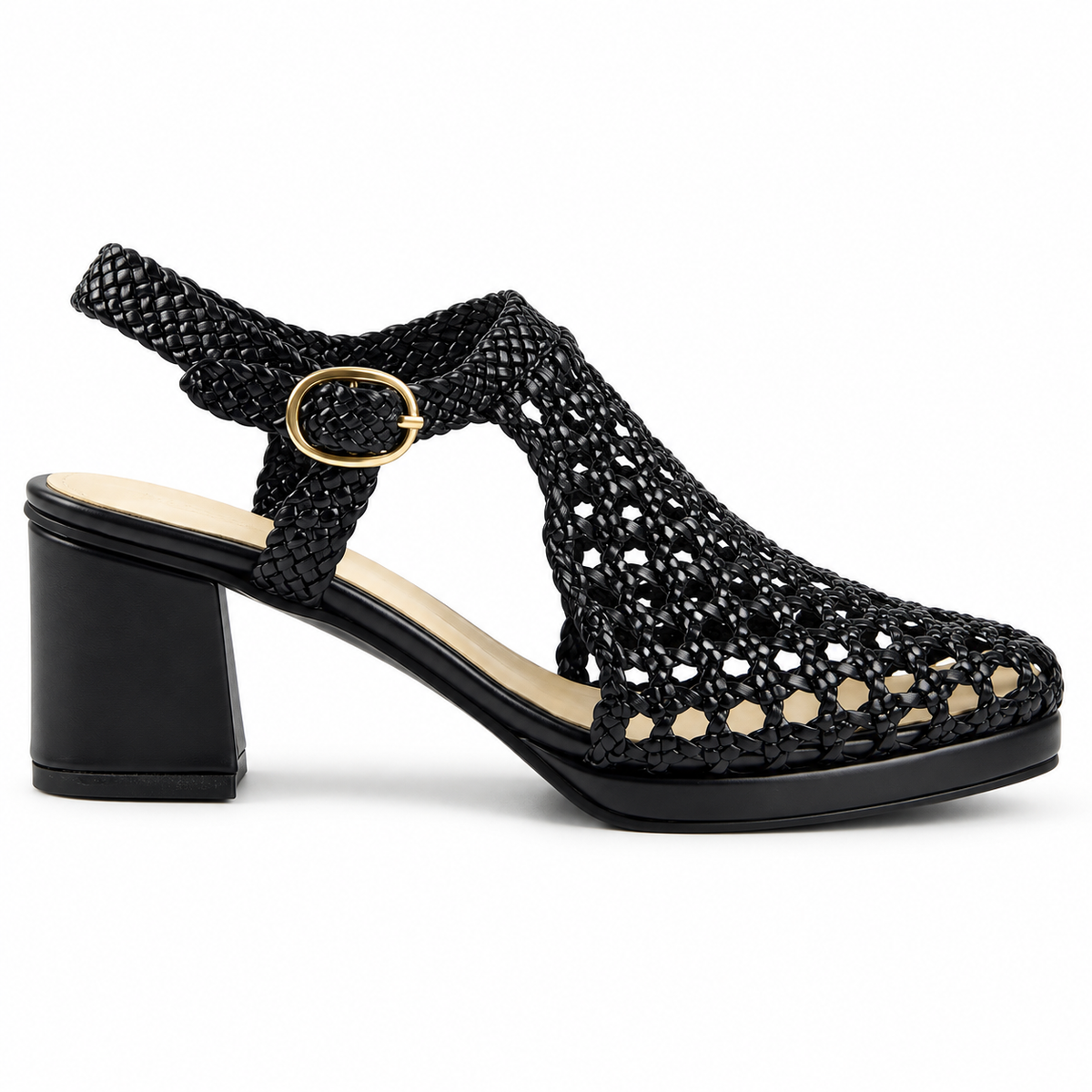 Vesba 5cm — Black woven shoe with a block heel, side view — Scarpe Handmade