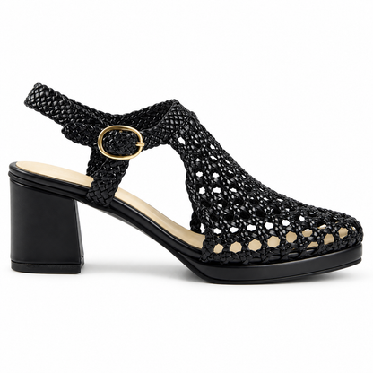 Vesba 5cm — Black woven shoe with a block heel, side view — Scarpe Handmade