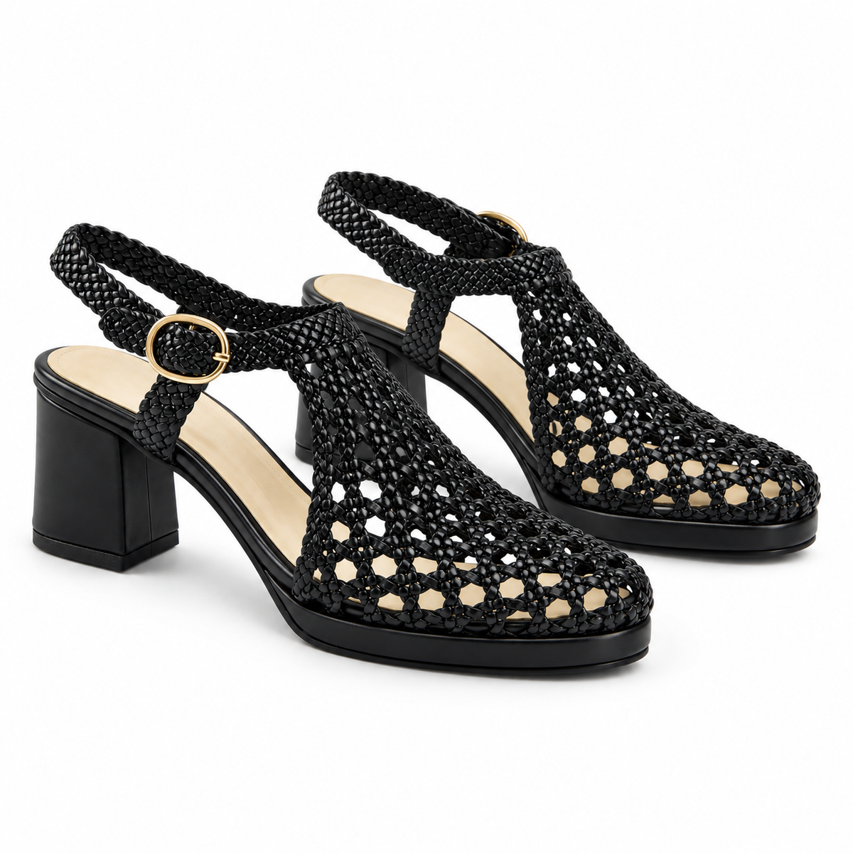 Vesba 5cm — Black woven shoe with a block heel, pair, angled view — Scarpe Handmade