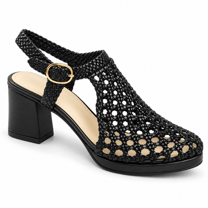 Vesba 5cm — Black woven shoe with a block heel, front angled view — Scarpe Handmade