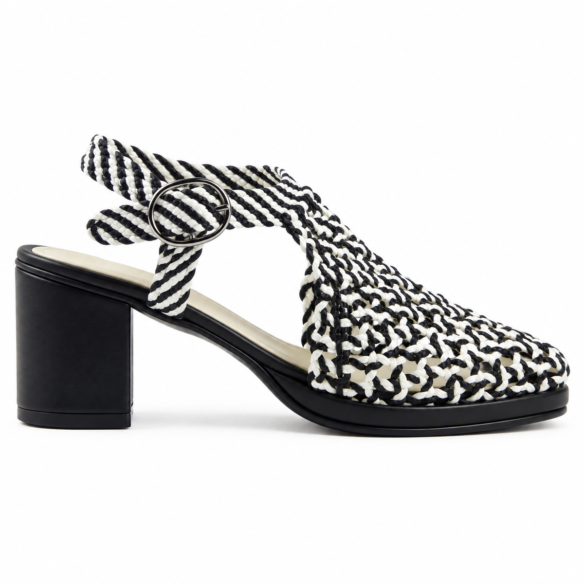 Vesba 5cm — Black-and-white patterned woven shoe with a block heel, side view — Scarpe Handmade