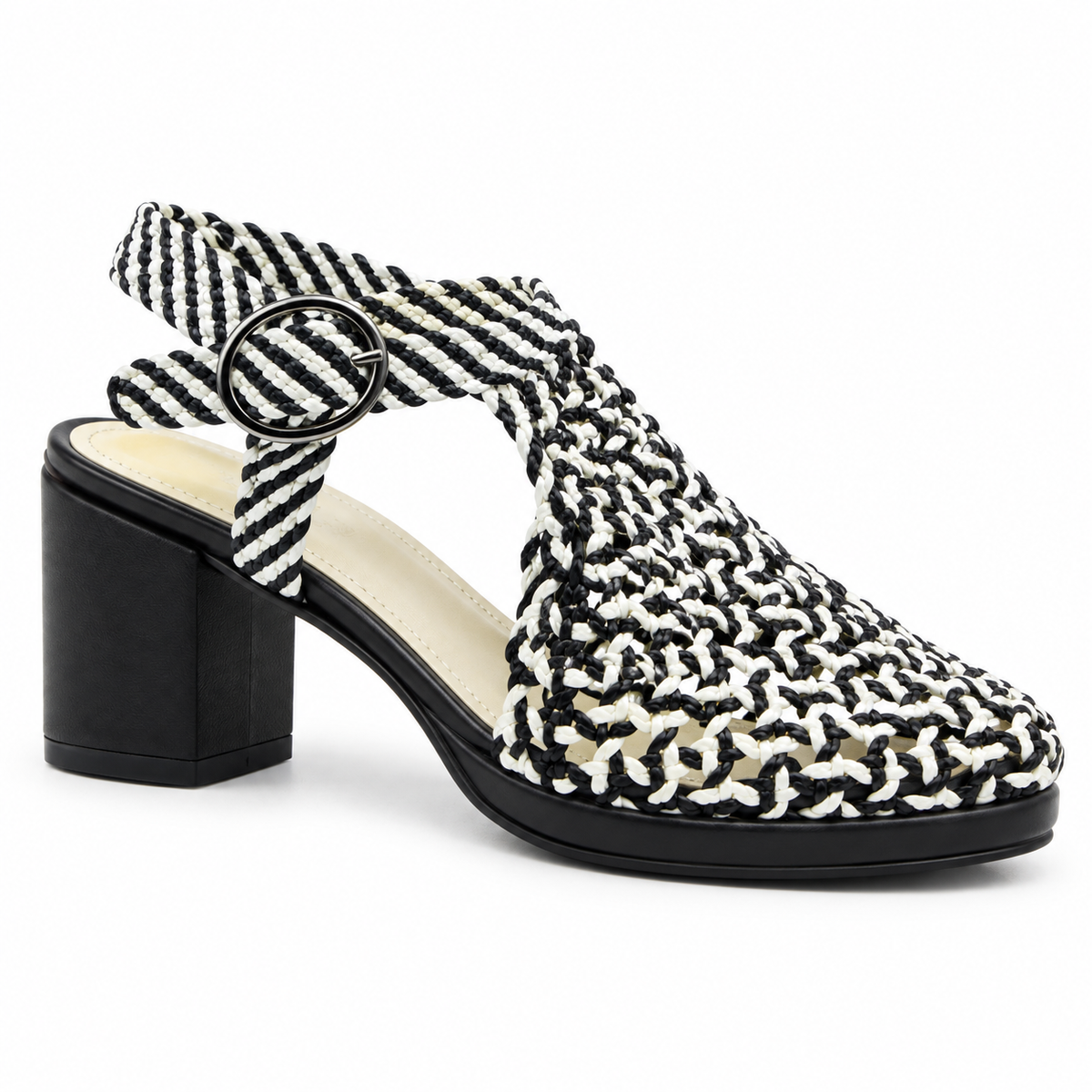 Vesba 5cm — Black-and-white patterned woven shoe with a block heel, front angled view — Scarpe Handmade