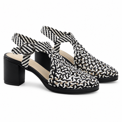 Vesba 5cm — Black-and-white patterned woven shoe with a block heel, pair, angled view — Scarpe Handmade