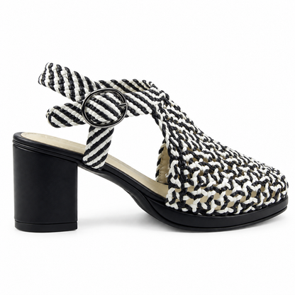 Vesba 5cm — Black-and-white patterned woven shoe with a block heel, angled side view — Scarpe Handmade