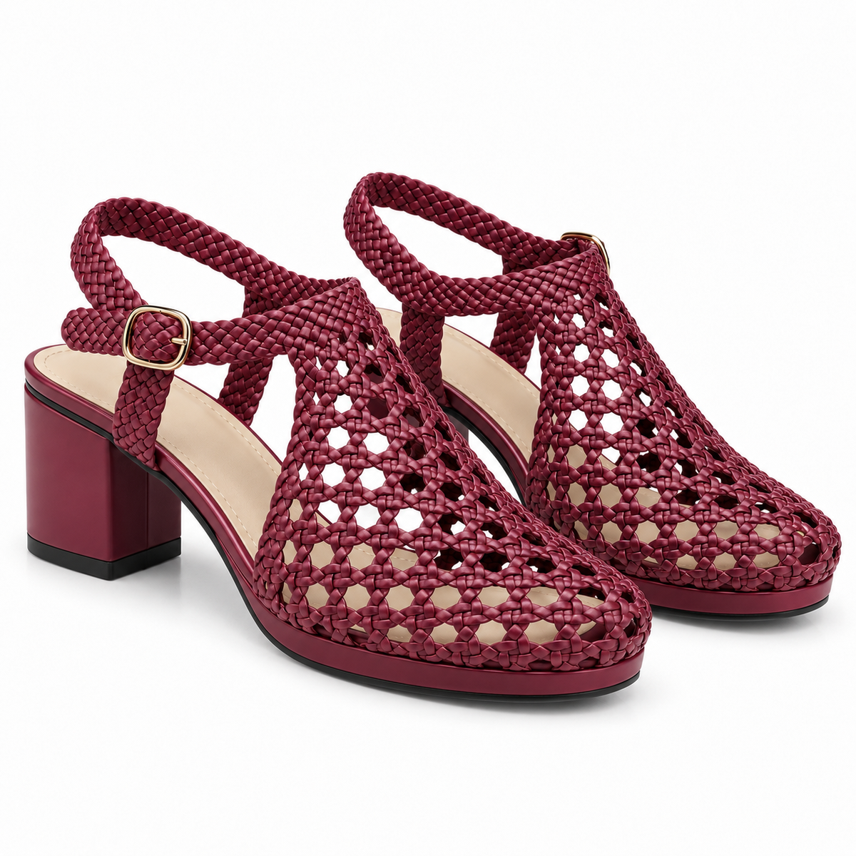 Vesba 5cm — Burgundy woven shoe with a block heel, pair, angled view — Scarpe Handmade