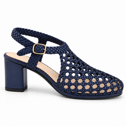 Vesba 5cm — Navy woven shoe with a block heel, side view — Scarpe Handmade