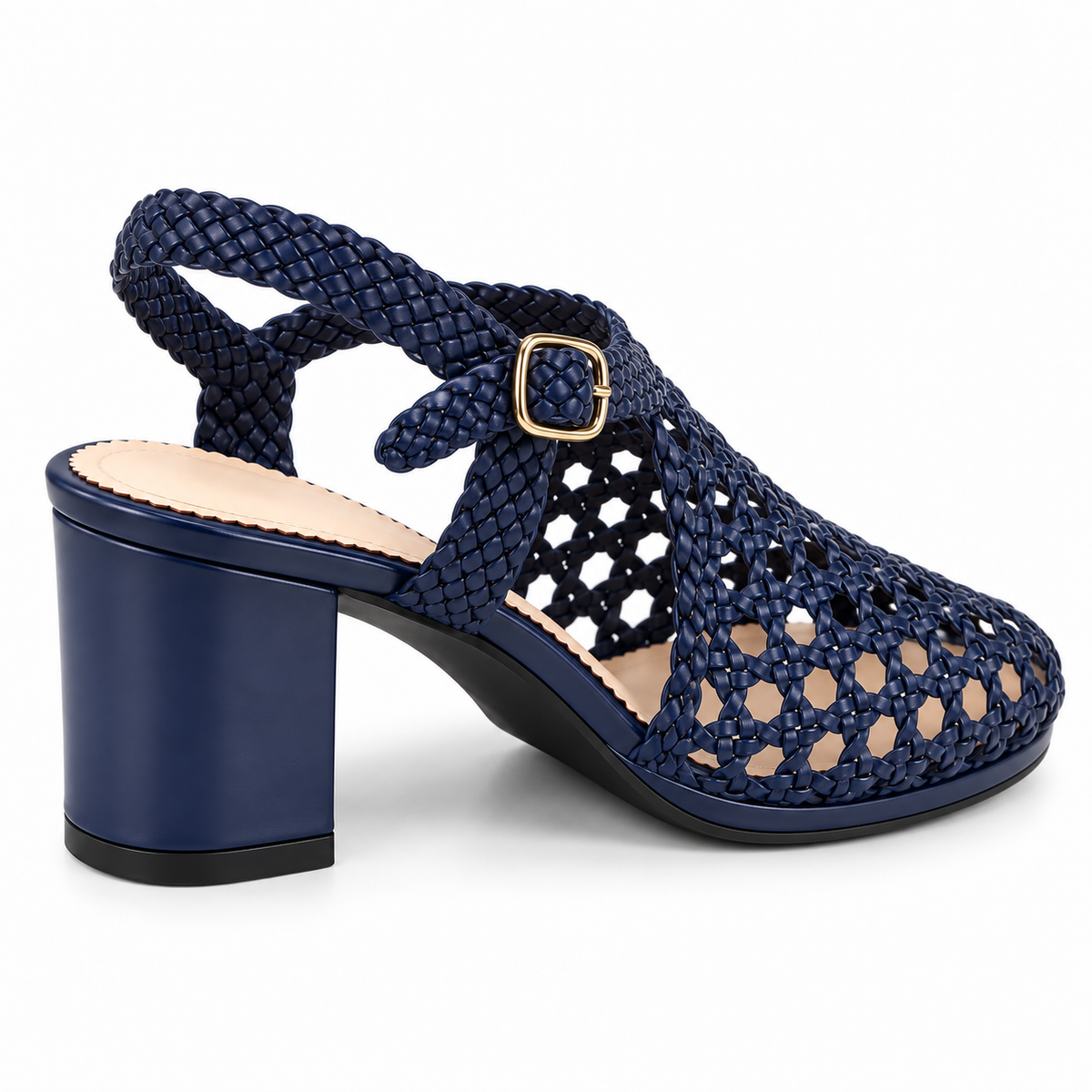 Vesba 5cm — Navy woven shoe with a block heel, front angled view — Scarpe Handmade