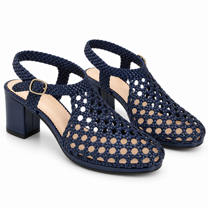 Vesba 5cm — Navy woven shoe with a block heel, pair, angled view — Scarpe Handmade