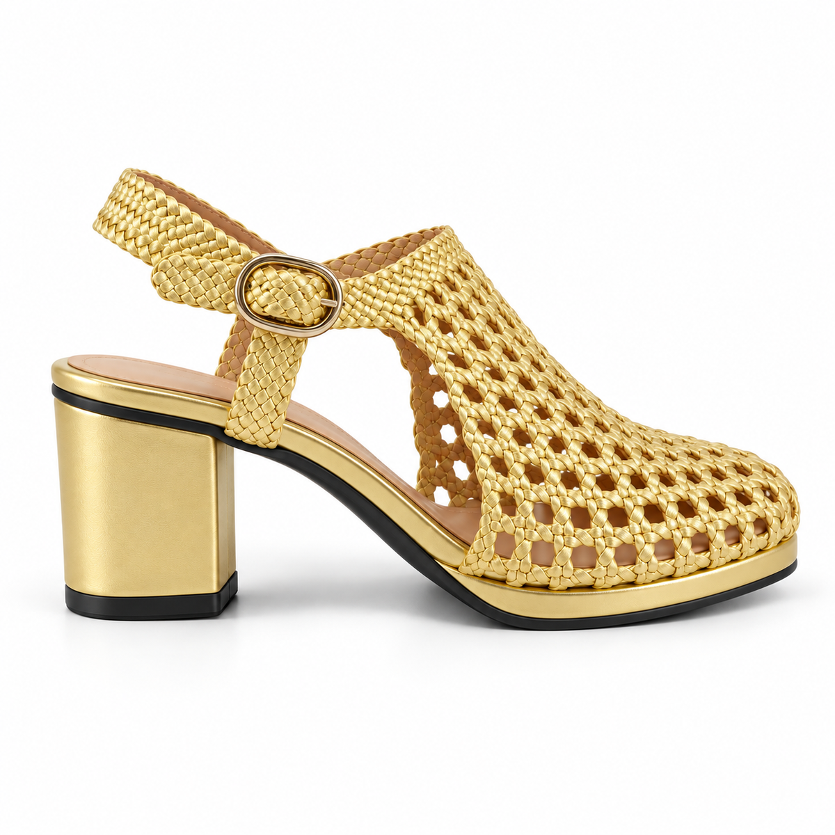 Vesba 5cm — Gold woven shoe with a block heel, side view — Scarpe Handmade