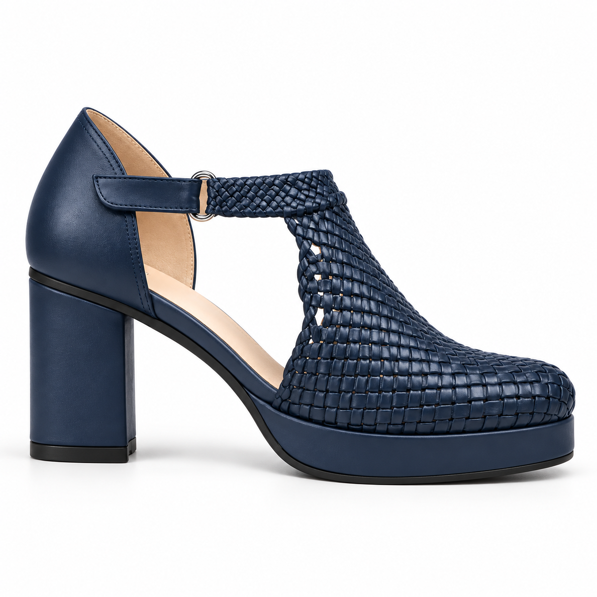 Margaret 7cm — Navy woven shoe with a T-bar strap and block heel, side view — Scarpe Handmade
