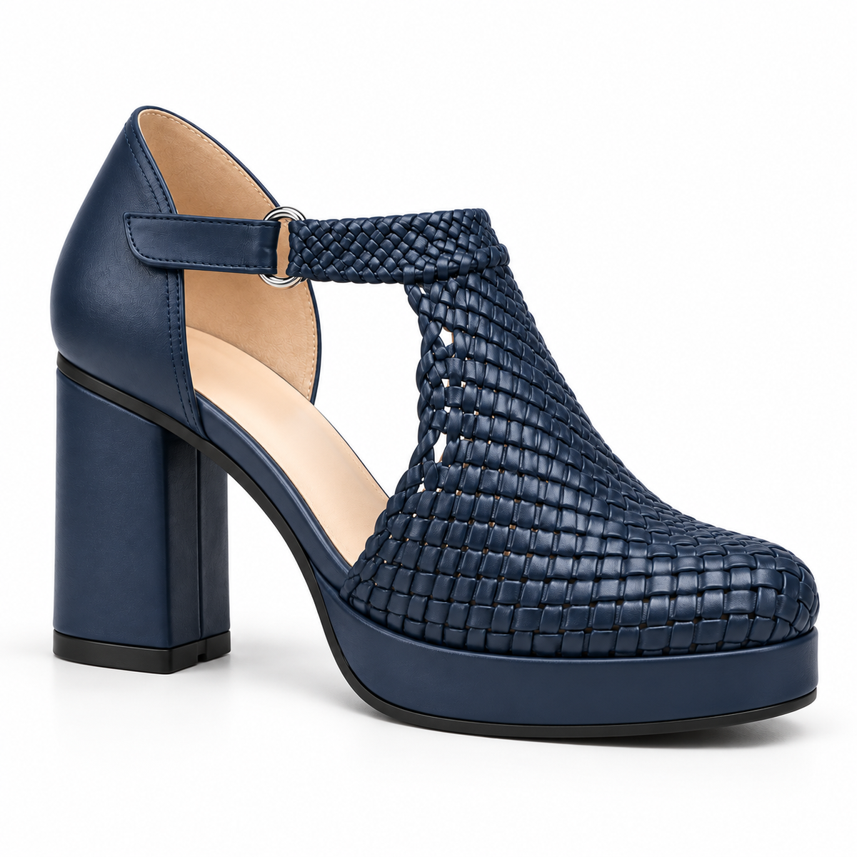Margaret 7cm — Navy woven shoe with a T-bar strap and block heel, angled front view — Scarpe Handmade