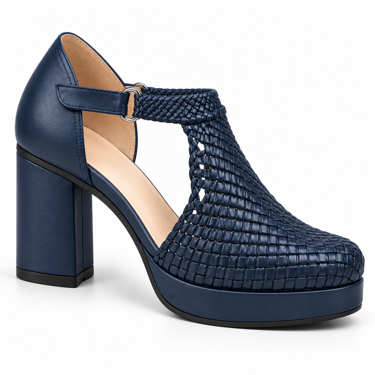 Margaret 7cm — Navy woven shoe with a T-bar strap and block heel, front angled view — Scarpe Handmade