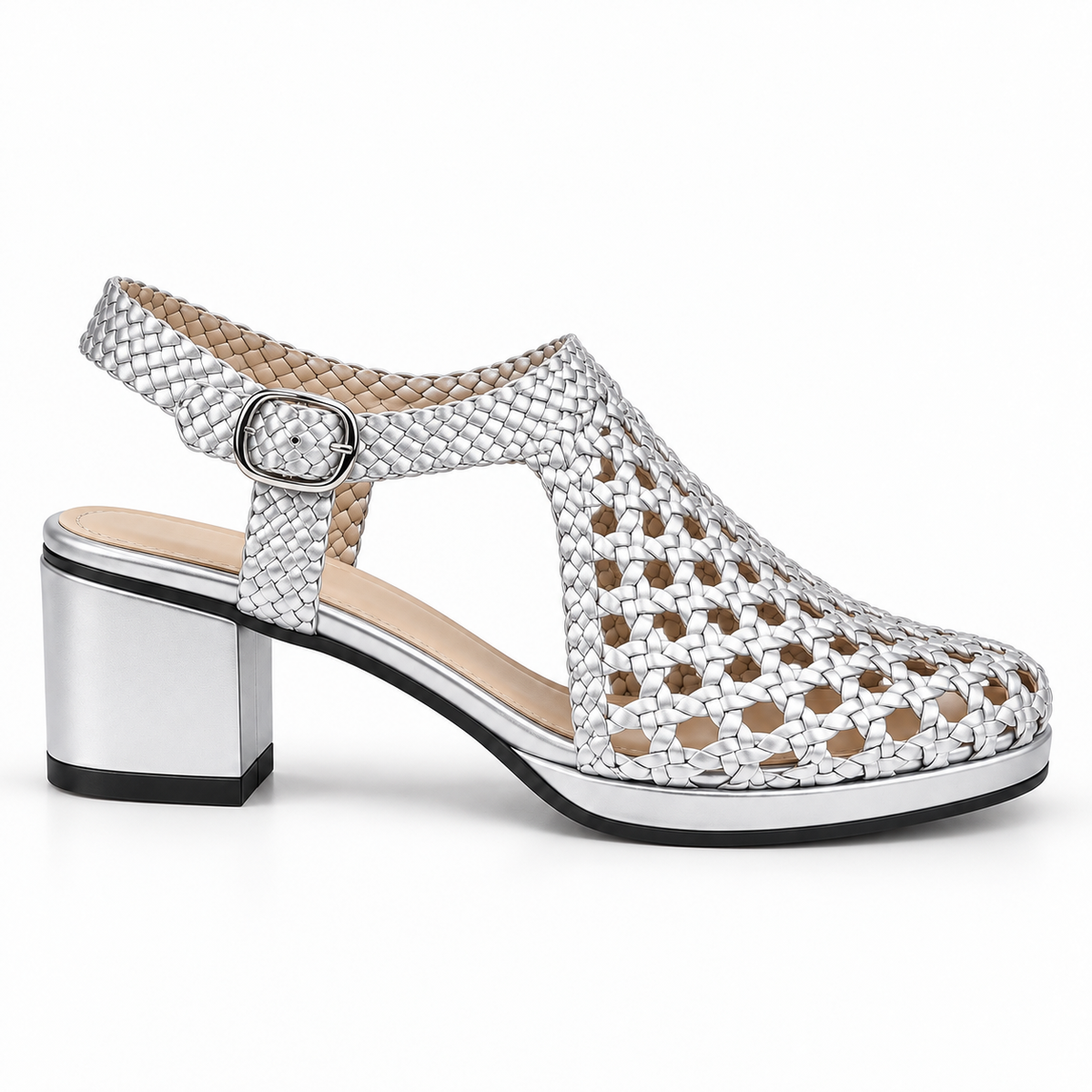 Vesba 5cm — Silver woven shoe with a block heel, side view — Scarpe Handmade