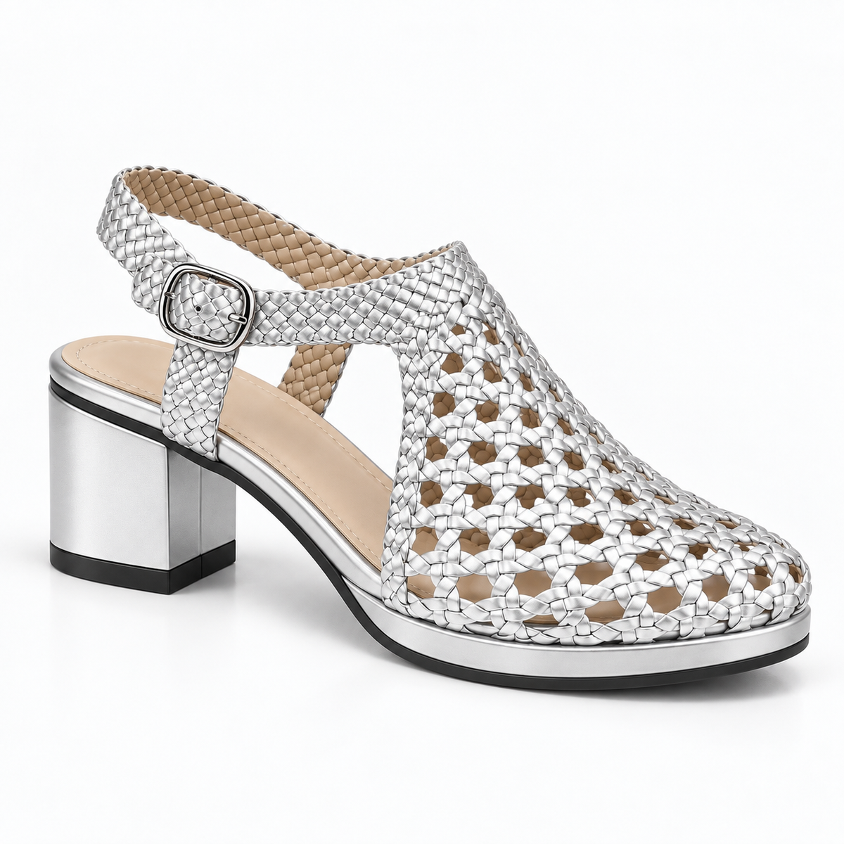 Vesba 5cm — Silver woven shoe with a block heel, front angled view — Scarpe Handmade