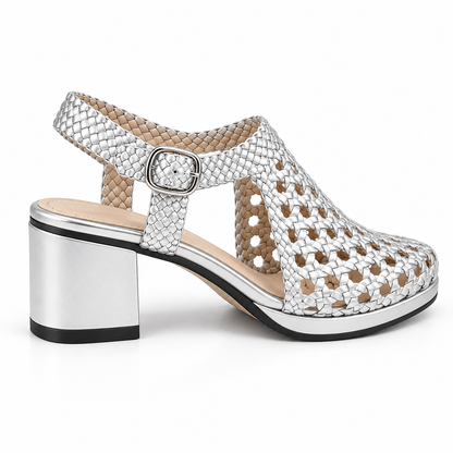 Vesba 5cm — Silver woven shoe with a block heel, front angled view — Scarpe Handmade