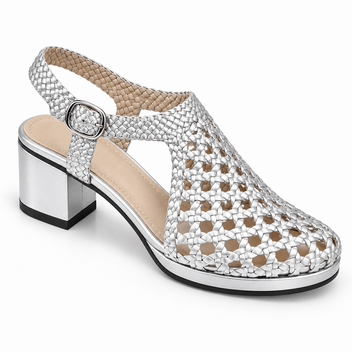 Vesba 5cm — Silver woven shoe with a block heel, rear angled view — Scarpe Handmade