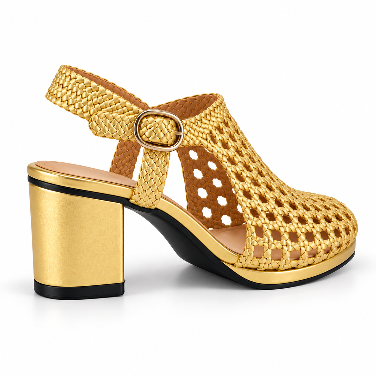 Vesba 5cm — Gold woven shoe with a block heel, front angled view — Scarpe Handmade