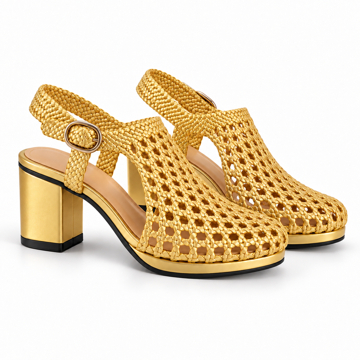 Vesba 5cm — Gold woven shoe with a block heel, pair, angled view — Scarpe Handmade