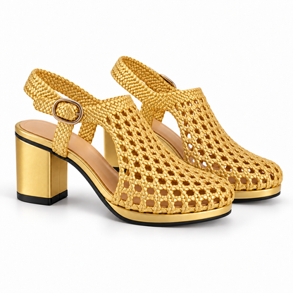Vesba 5cm — Gold woven shoe with a block heel, pair, angled view — Scarpe Handmade