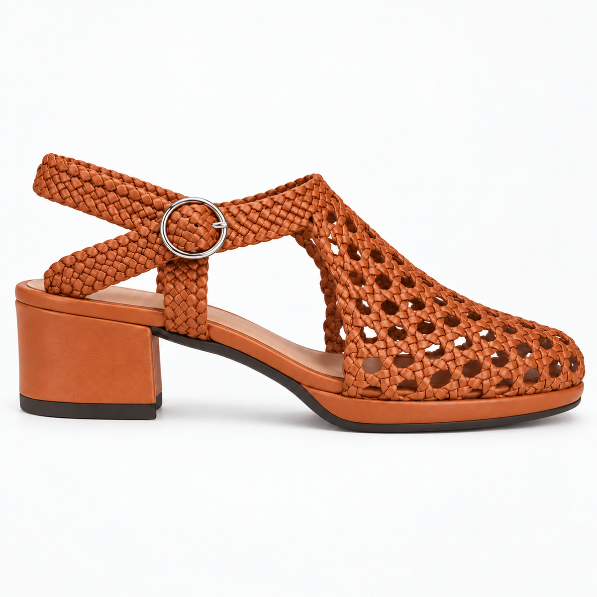 Vesba 3cm — Tan woven shoe with a block heel, side view — Scarpe Handmade