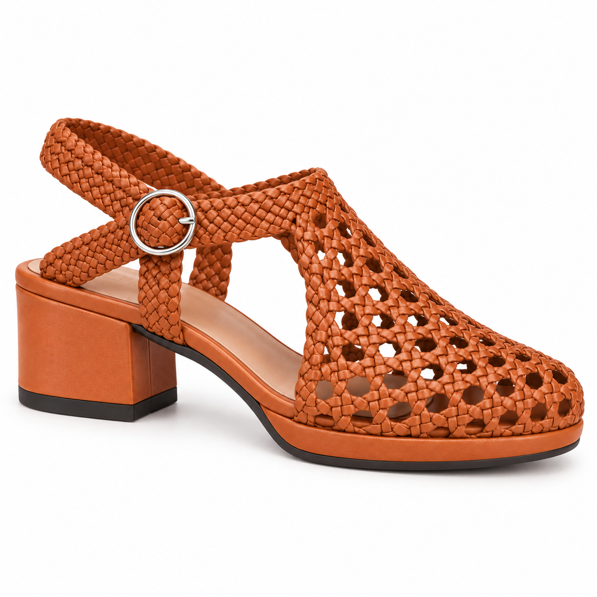 Vesba 3cm — Tan woven shoe with a block heel, rear angled view — Scarpe Handmade