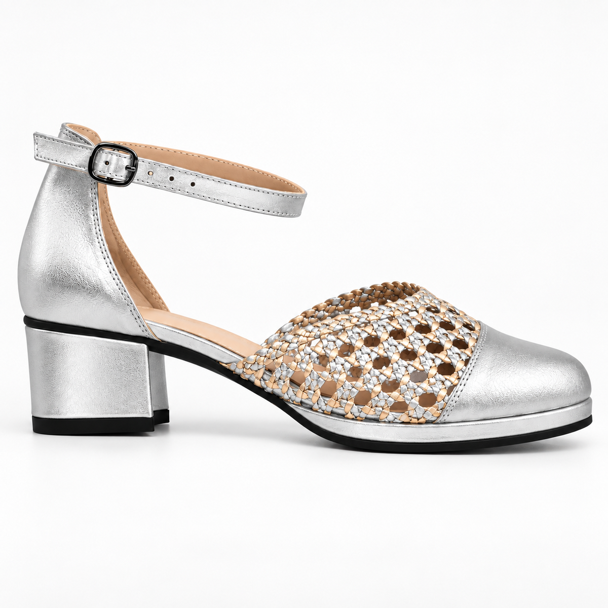 Good Morning 3cm — Silver shoe with an ankle strap and open woven panel, side view — Scarpe Handmade