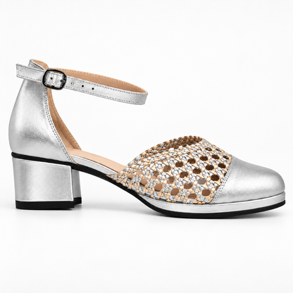 Good Morning 3cm — Silver shoe with an ankle strap and open woven panel, side view — Scarpe Handmade