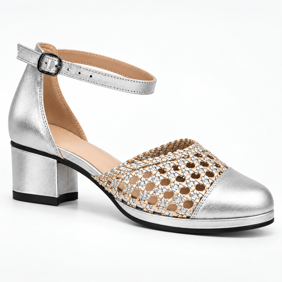 Good Morning 3cm — Silver shoe with an ankle strap and woven panel, angled view — Scarpe Handmade