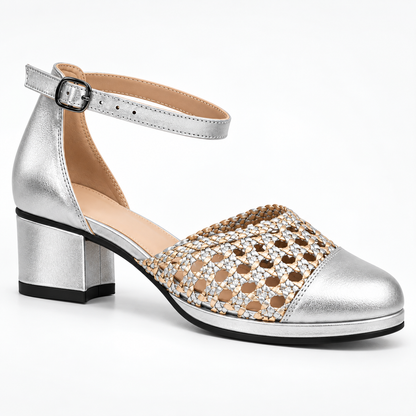 Good Morning 3cm — Silver shoe with an ankle strap and woven panel, angled view — Scarpe Handmade
