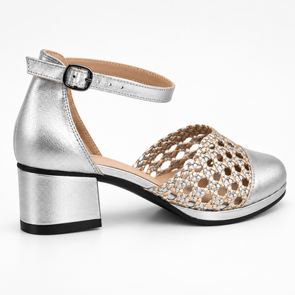 Good Morning 3cm — Silver shoe with an open woven panel and low block heel, front angled view — Scarpe Handmade