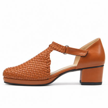 Margreet 3cm sandals — Tan woven shoe with a block heel, side view — Scarpe Handmade