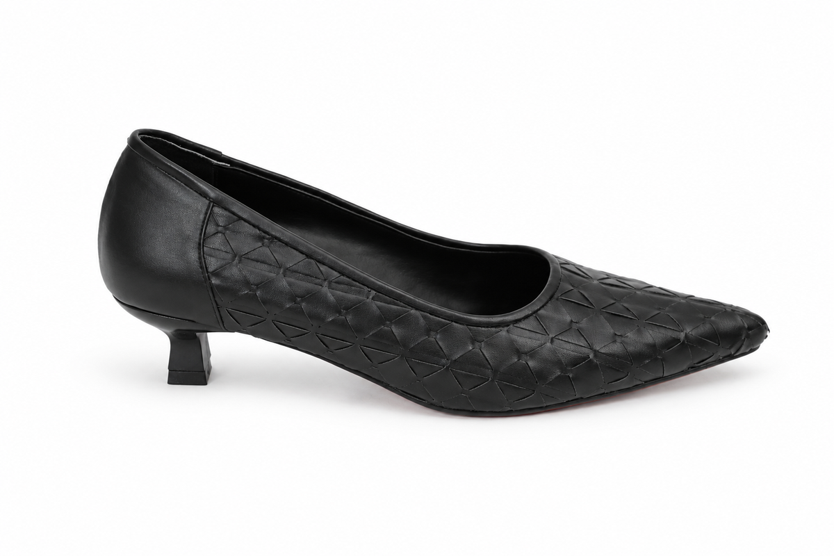 Aurora Geometric Woven Kitten Heel Pumps - Patent Black